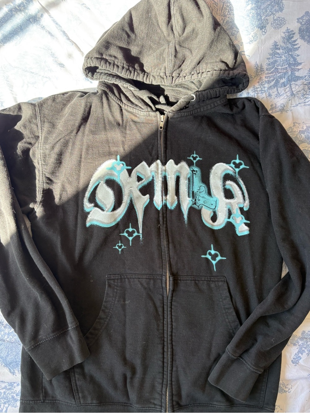🩵Demik Black Zip Hoodie with Turquoise Graphic